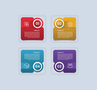 square base shape infographic with glossy gradient style with folder shape with circle badge on quadrant structure with four segment information