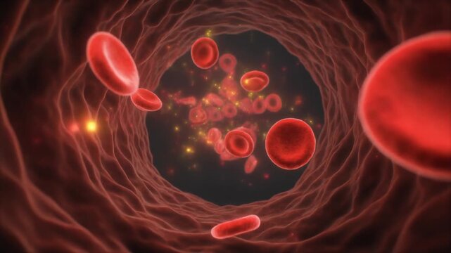 3D illustration of red blood cells flowing through artery