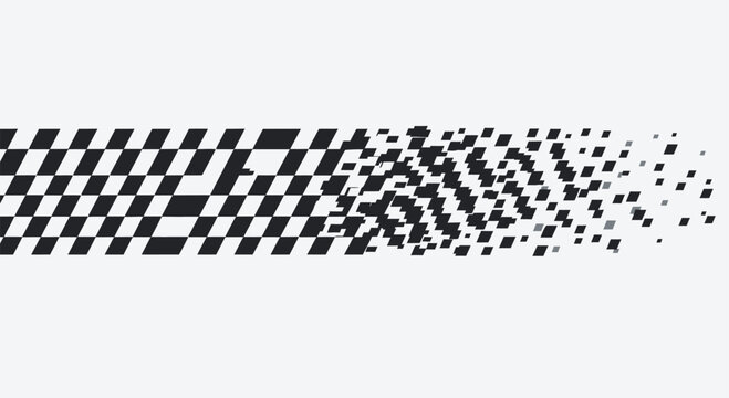 Abstract dynamic checkered flag motion effect with pixel dispersion for racing and speed concepts in black and white vector