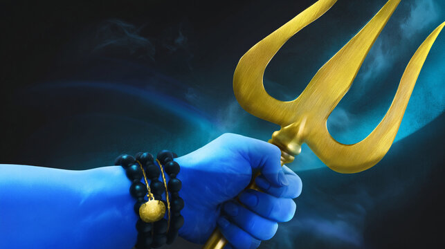 A hand holding a golden trident with a blue background and bracelets on the wrist.