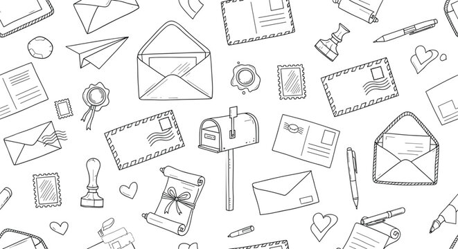 Hand drawn mail elements seamless pattern with envelopes letters stamps and postal doodles vector background design