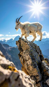 Mountain Goat on Rocky Peak - A Majestic Wildlife Portrait.