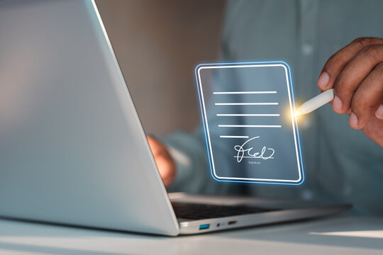 Digital signature authentication, stylus signing document on virtual screen, secure online contract approval, electronic verification, cybersecurity identity protection for business and legal workflow