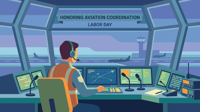 Air Traffic Controller Working in Airport Tower Labor Day Illustration