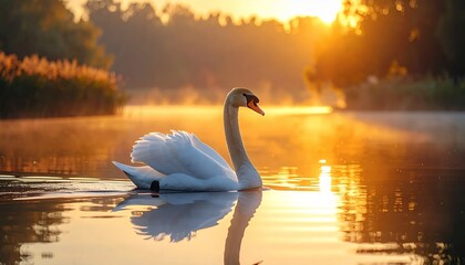 Fototapeta premium Swans Serene Glide - A Golden Morning on the Lake.
