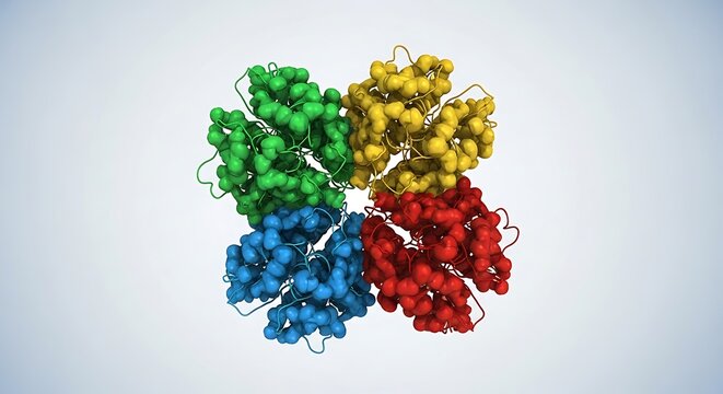 A colorful protein structure with green, yellow, red, and blue