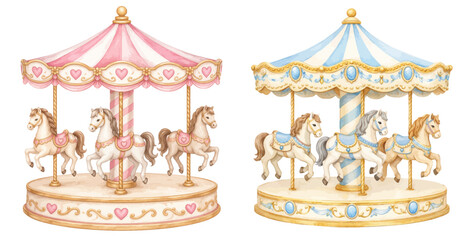 A charming watercolor collection of pastel carousel horses, featuring two ornate merry-go-round designs in soft pink and blue with delicate golden details and whimsical fairground style. © liana