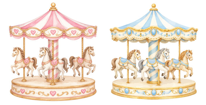 A charming watercolor collection of pastel carousel horses, featuring two ornate merry-go-round designs in soft pink and blue with delicate golden details and whimsical fairground style.