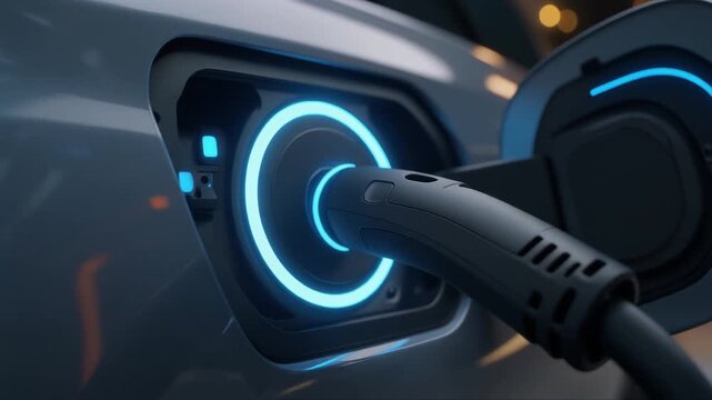 Close-up Slow Motion of Electric Vehicle Charging Port with Cable Plugged In, Blue Light Glowing