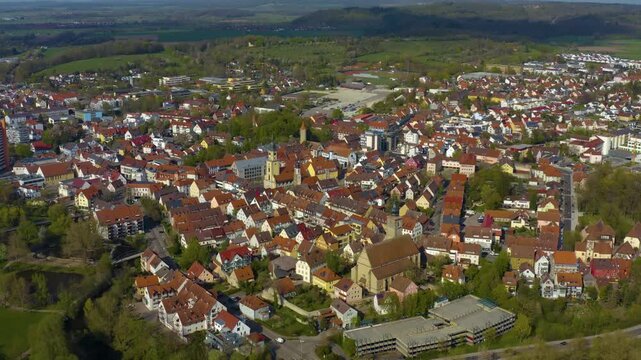 Aerial panorama view beside the old town in the city of Crailsheim in Germany, Baden-W&uuml;rettmberg on a cloudy spring day