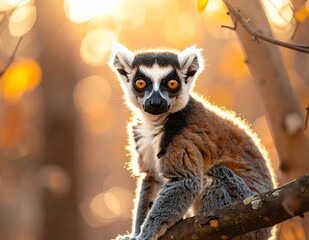 Fototapeta premium Ring-tailed lemur portrait in Madagascar forest at sunset.