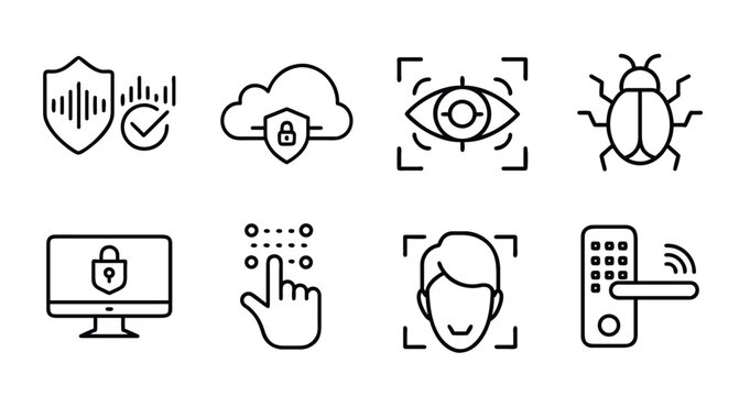 Cyber security and access control line icons set featuring biometric face recognition eye scan cloud protection and smart lock vector illustration with editable stroke.