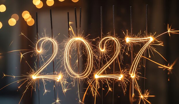 Sparkling light trails form the number 2027 celebrating a new year