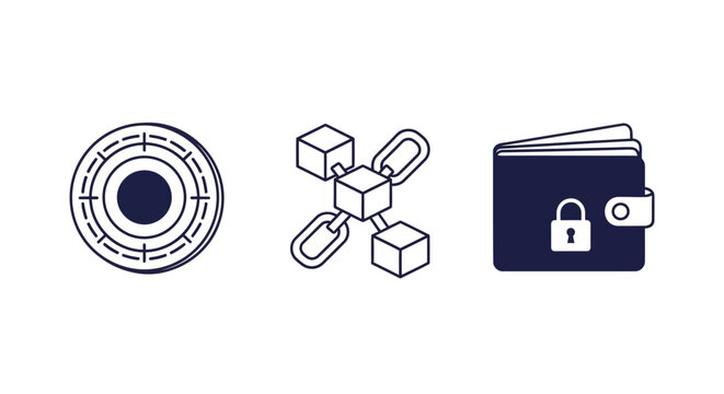 Cryptocurrency wallet, blockchain technology and digital coin icons