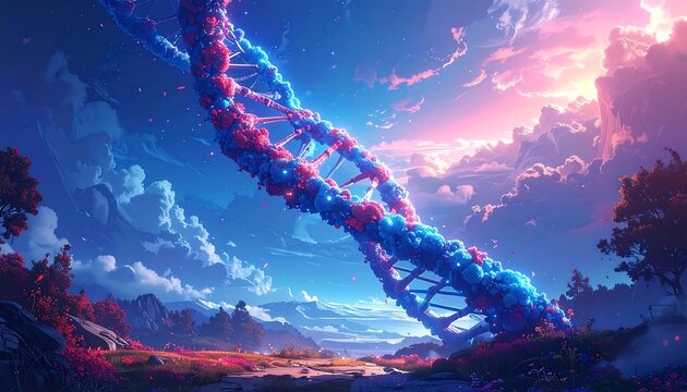 A vibrant, surreal landscape with a giant DNA double helix