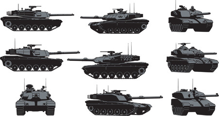 Obraz premium Set collection of military tank silhouettes in various models and angles vector illustration