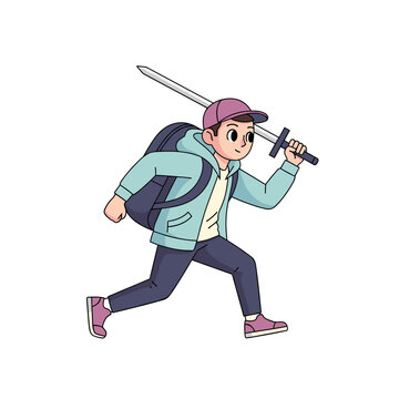Young man running with a sword and backpack in cartoon style. Young adult storming across field