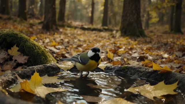 "A small bird perches on a mossy stone basin amid fallen autumn leaves, embodying tranquility, seasonal change, and the quiet harmony of forest life."