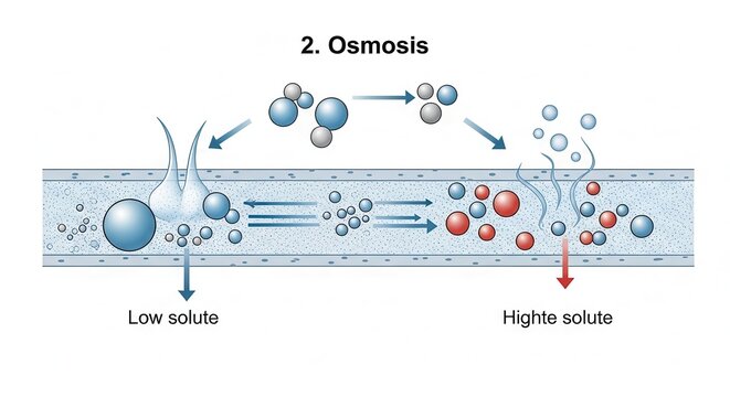 Osmosis diagram showing movement of water across a semipermeable membrane from low to high solute concentration.