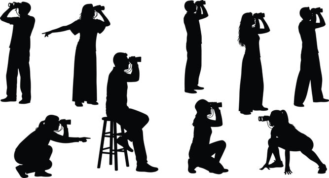 Collection of Black Silhouettes Featuring Men and Women Using Binoculars for Bird Watching Scouting and Observation Isolated on White Background for Discovery and Travel Designs