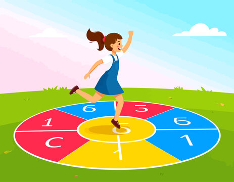 A young girl with a ponytail playing hopscotch on a colorful circular court in a grassy park on a sunny day.