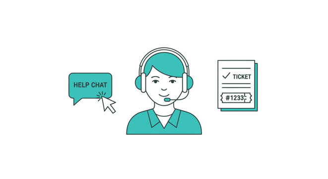 Customer Service Agent with Headset and Ticket Icon, Online Support Concept