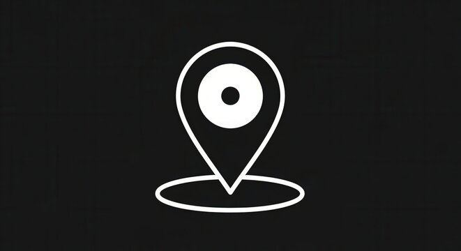 White map pin icon on black background, location marker symbol, navigation concept