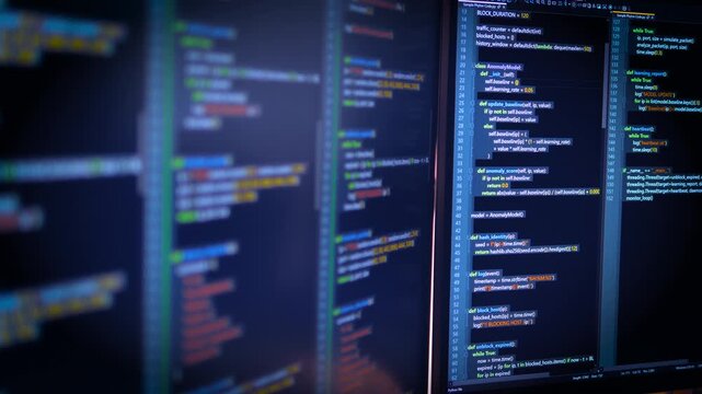 Close up computer monitors displaying fictional programming code and software development interface, technology workspace concept