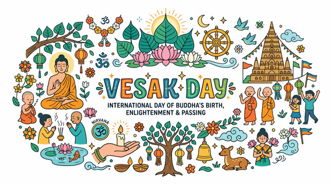 Vesak Day Celebration Illustration: Buddha, Monks, Symbols, Lights