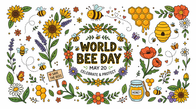 World Bee Day Illustration: Bees, Flowers, Honeycomb, Save Bees