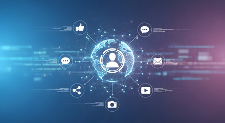 Fototapeta premium Digital Network Illustration: A vibrant illustration showcasing interconnected network, with social media icons encircling a central user profile.