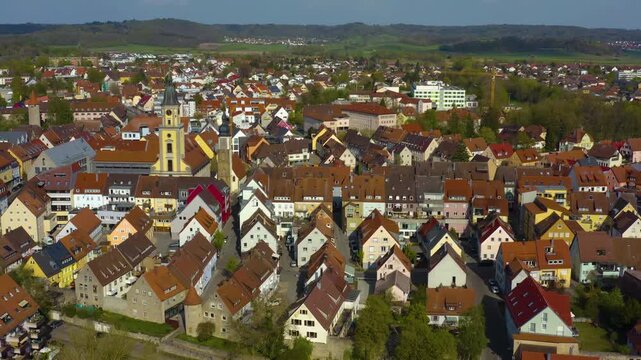 Aerial panorama view beside the old town in the city of Crailsheim in Germany, Baden-W&uuml;rettmberg on a cloudy spring day