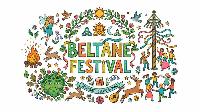 Beltane Festival Celebration with Maypole and Dancing Figures