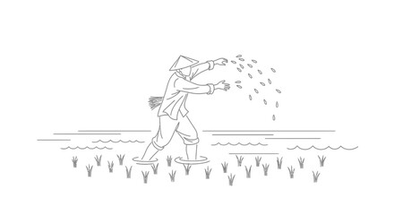 Naklejka premium Traditional Rice Farmer Sowing Seeds in a Paddy Field Illustration Vector Design Element