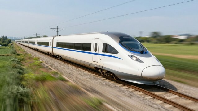 White high speed train accelerating along open rail corridor