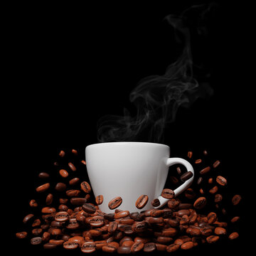 White Coffee Cup with Roasted Beans on Black Background