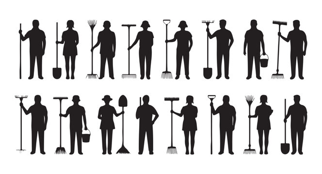 Agricultural workers silhouettes holding various gardening tools like rakes and shovels for farm activities.