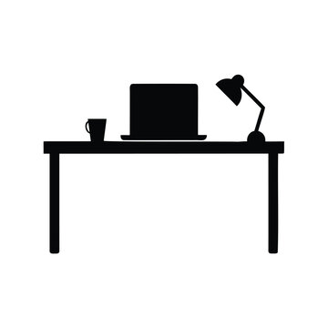 Black silhouette of a desk with laptop, lamp and a cup