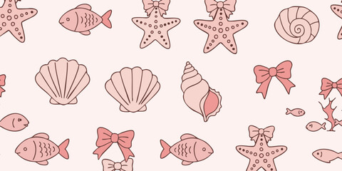A colorful illustration of various sea creatures and bows on a pink background © Dhani