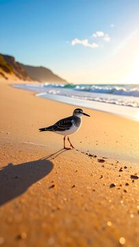A bird stands on a sandy beach with the ocean in the background