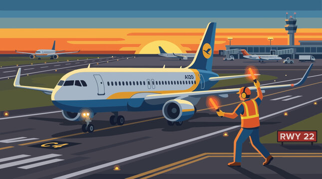 Commercial Airplane Being Marshaled on Airport Runway at Sunset