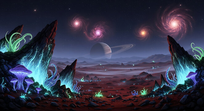 Alien planet landscape at night featuring glowing purple mushrooms, bioluminescent flora, rocky terrain, a large ringed planet in the sky, and swirling distant galaxies under a dark starry space