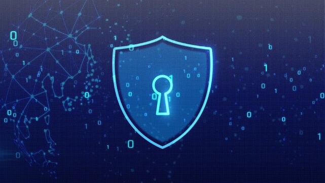 Glowing digital shield with keyhole over abstract binary network and connected data particles. Concept of cybersecurity, encryption, privacy protection and secure online technology concept