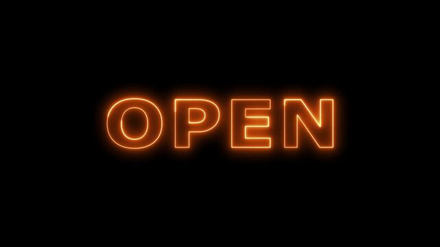Orange glowing neon open sign animation on black.