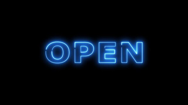 Blue neon open sign glowing on dark background.