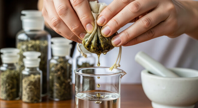 Extracting Herbal Essence Hands Squeezing Herbs into Beaker.