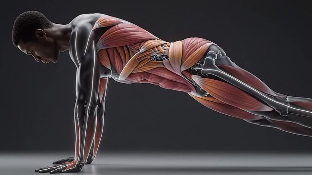 Male Athlete in Plank Position with Anatomical Muscle and Bone Detail. 4k Video