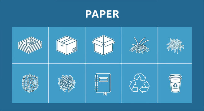 Paper recycling and packaging icons set, 10 white line vector elements for waste management, cardboard boxes and shredded paper symbols