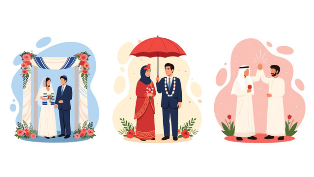 Illustrations of diverse cultural wedding ceremonies including Jewish, Muslim, and modern secular celebrations.