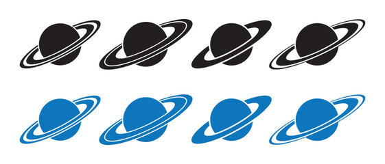 Modern Graphic Collection of Ringed Planet Icons in Black and Blue for Science and Astronomy Concepts. © NadimStoker